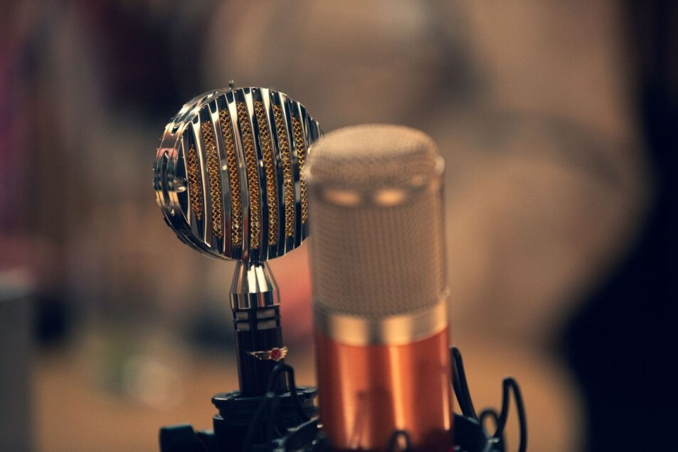 Vintage broadcast microphones evoking the sound of radio drama